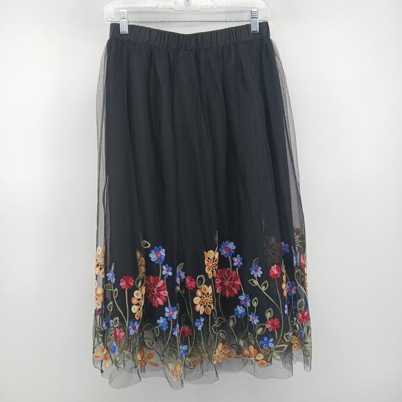 Floral Embroidered Tulle Tiered Midi Skirt Womens SM Romantic Coquette Cottage - Picture 4 of 6